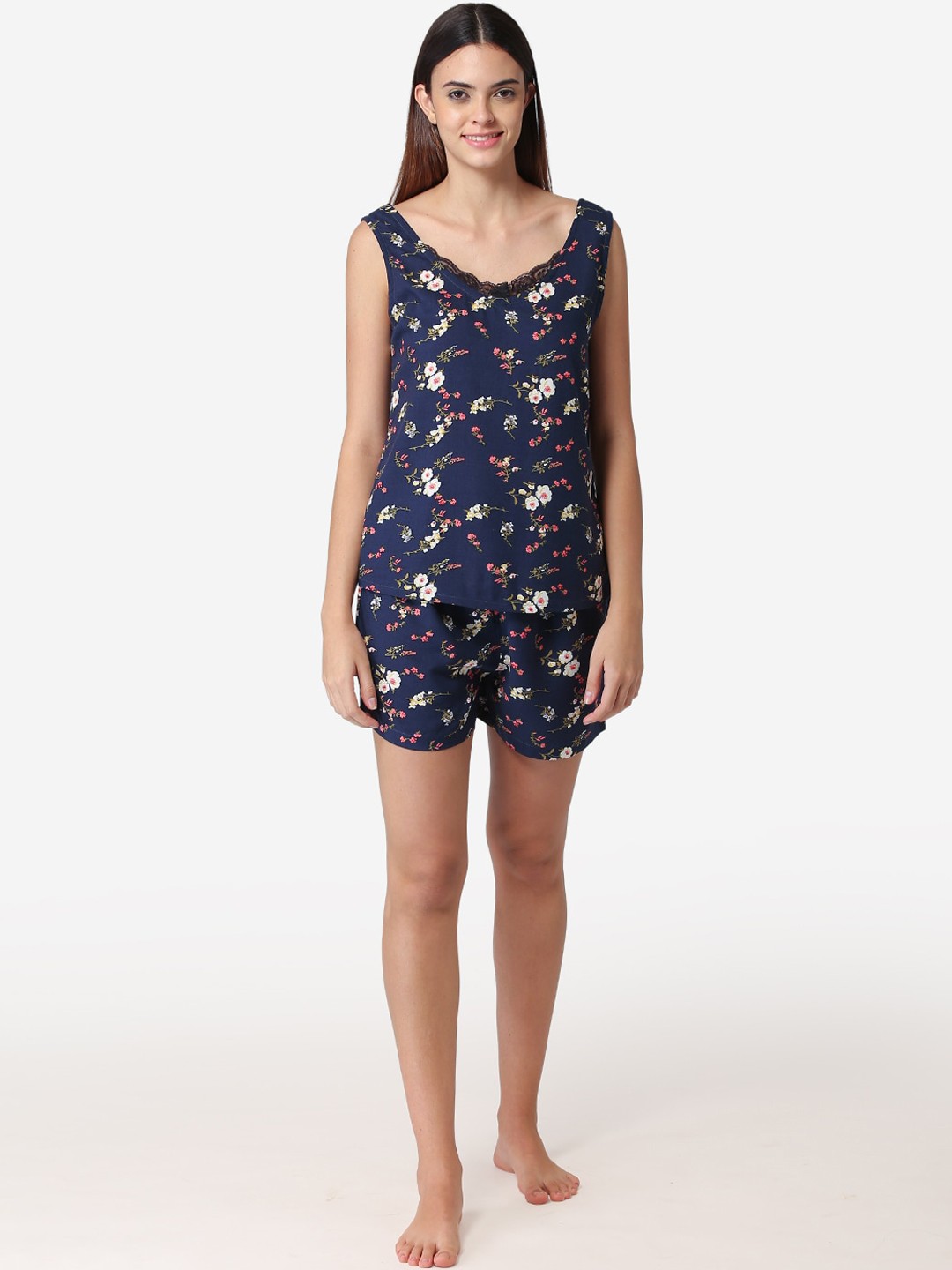 Fluffalump Women Navy Blue & White Printed Night suit