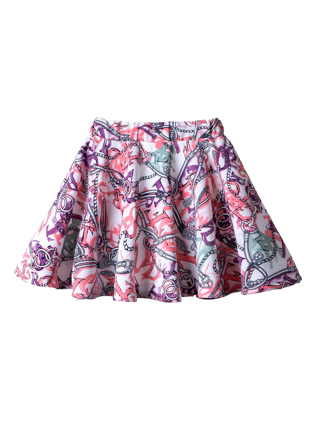 

Hunny Bunny Girls White & Peach-Coloured Abstract Printed Flared Knee-Length Skirt With Attached Shorts