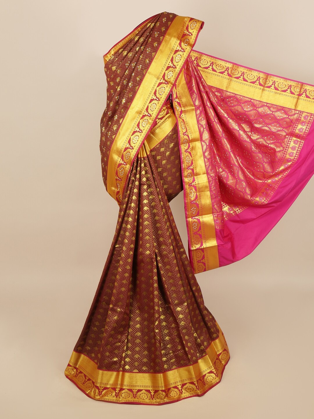 

Pothys Brown & Pink Ethnic Motifs Woven Design Silk Blend Saree