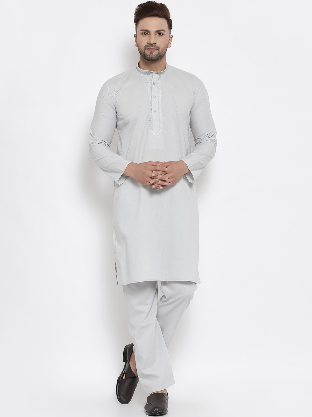 

MAXENCE Men Grey Linen Kurta with Pyjamas