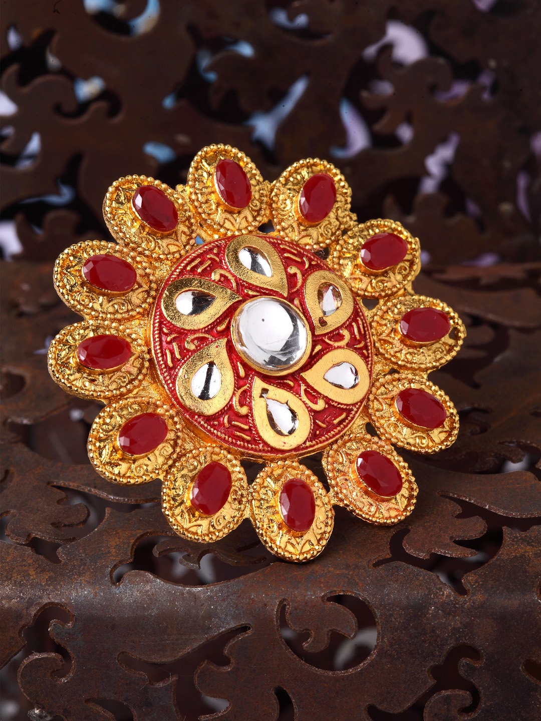 

Shining Diva Gold-Plated White & Pink Stone-Studded Kundan Meenakari Traditional Adjustable Finger Ring
