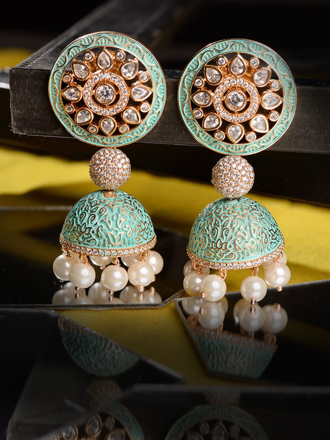 

Saraf RS Jewellery Sea Green & White Gold-Plated Dome Shaped Jhumkas Earrings