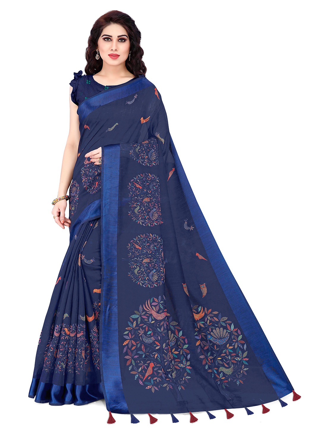 

KALINI Navy Blue & Orange Baluchari Saree