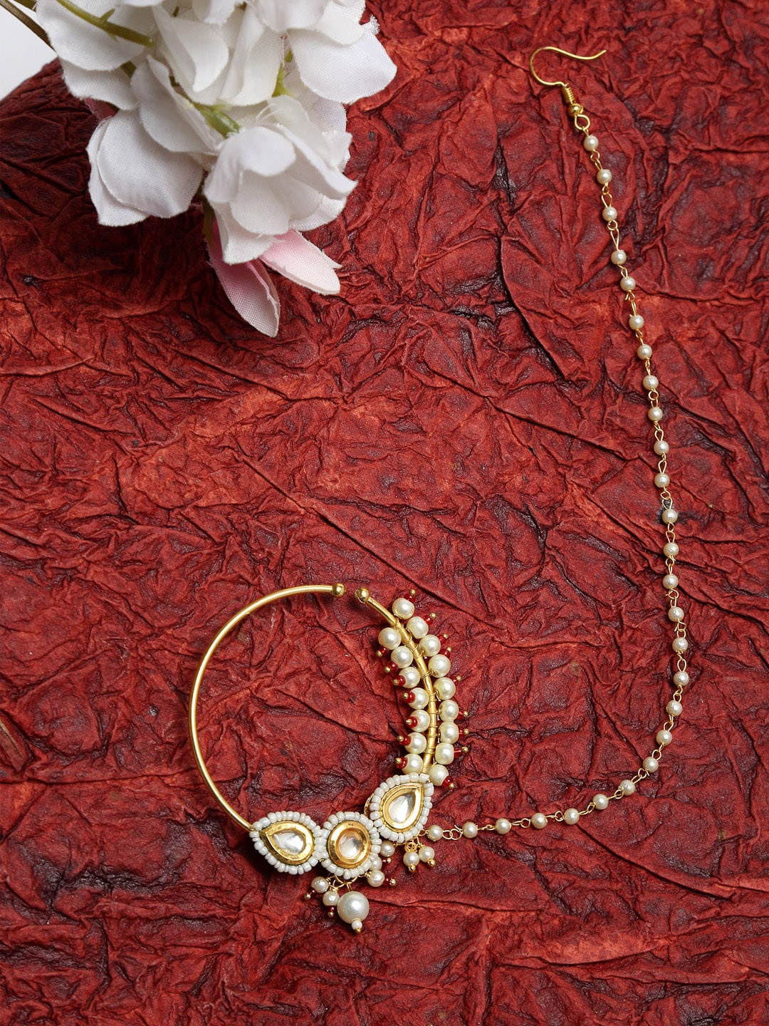 

Ruby Raang Gold-Toned & White Faux Kundan-Studded Pearl Beaded Chained Nose Ring