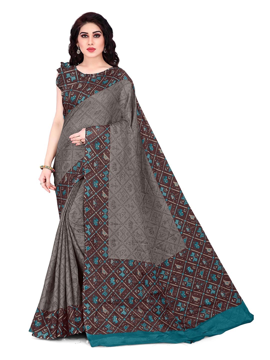 

KALINI Grey & Blue Ethnic Motifs Supernet Kota Saree
