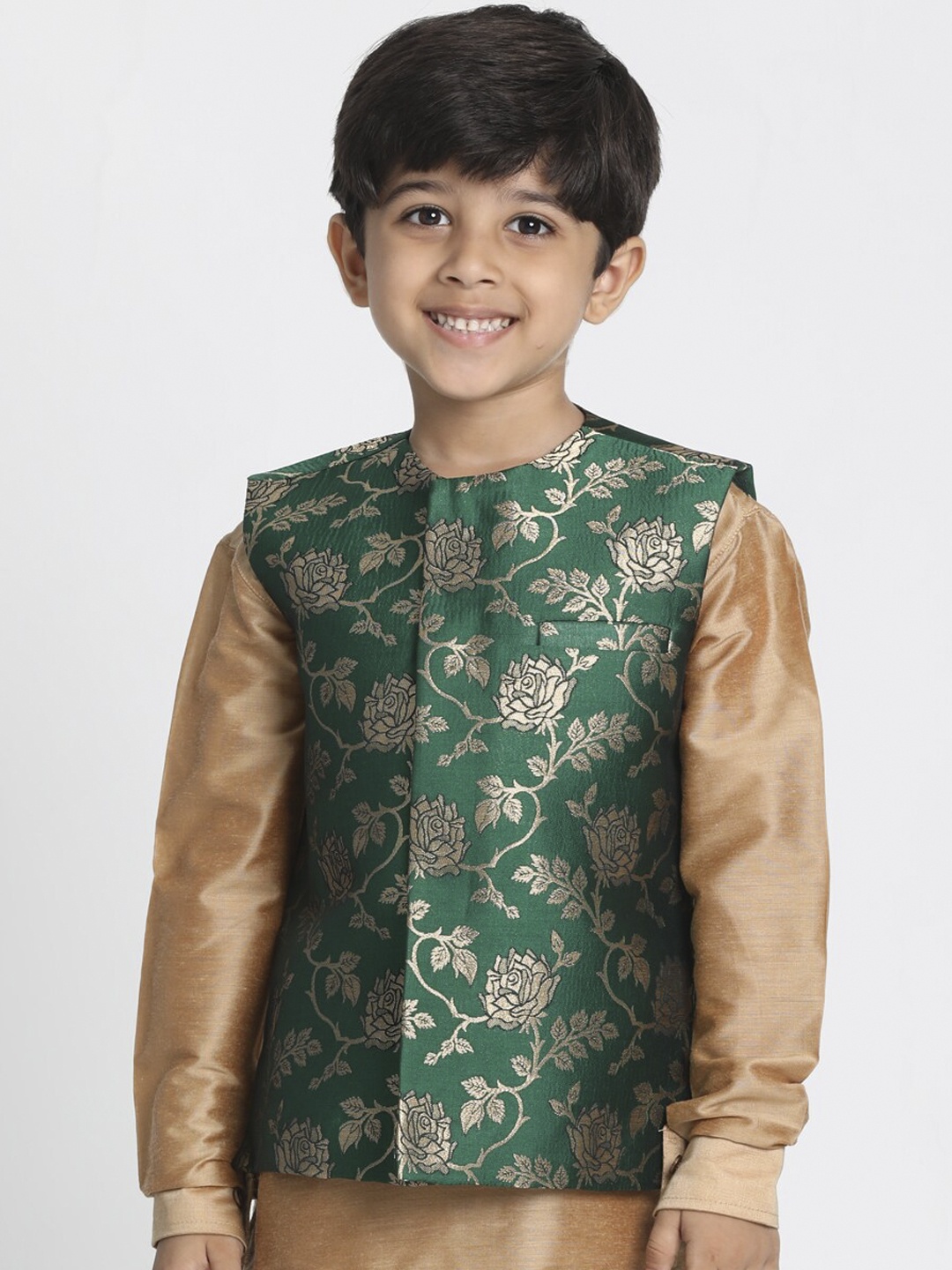 JBN Creation Boys Green & Grey Woven-Design Zari Gold Silk Blend Nehru Jacket