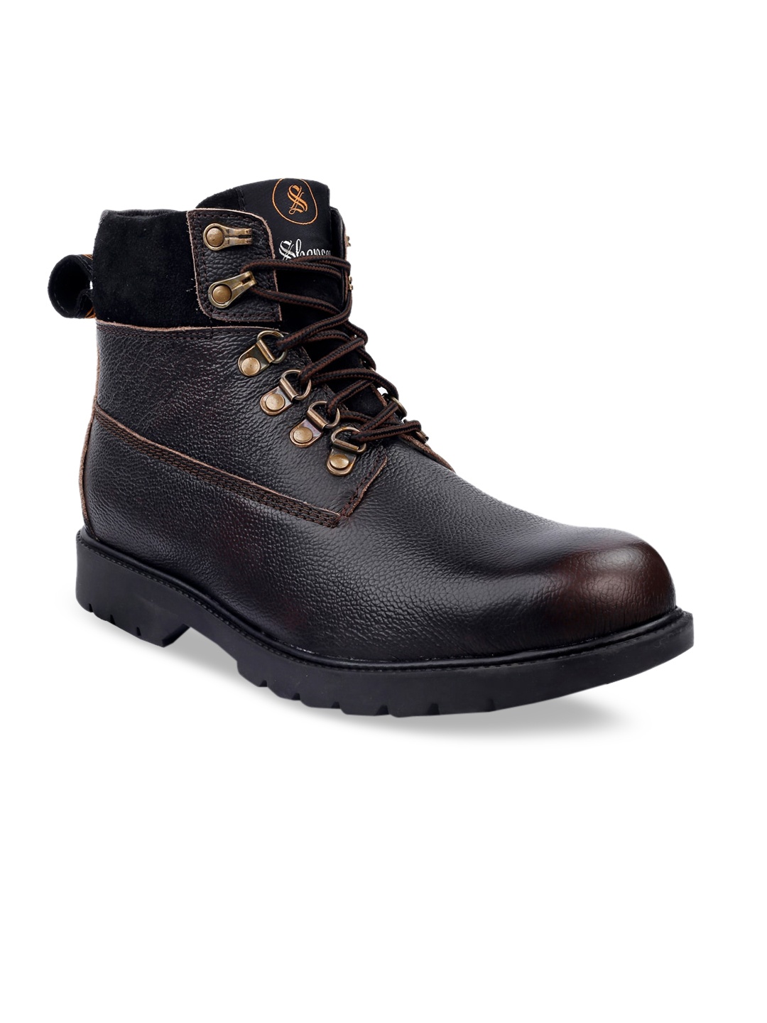 SHENCES Men Brown Leather Leather Mid Top Flat Boots
