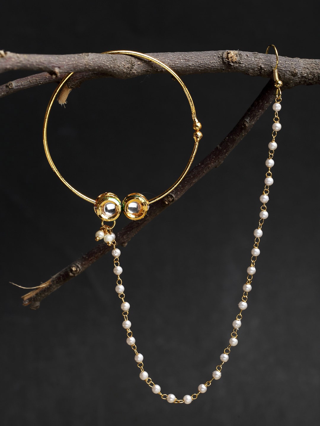 

Ruby Raang Gold-Toned & White Faux Kundan-Studded Pearl Beaded Chained Nose Ring