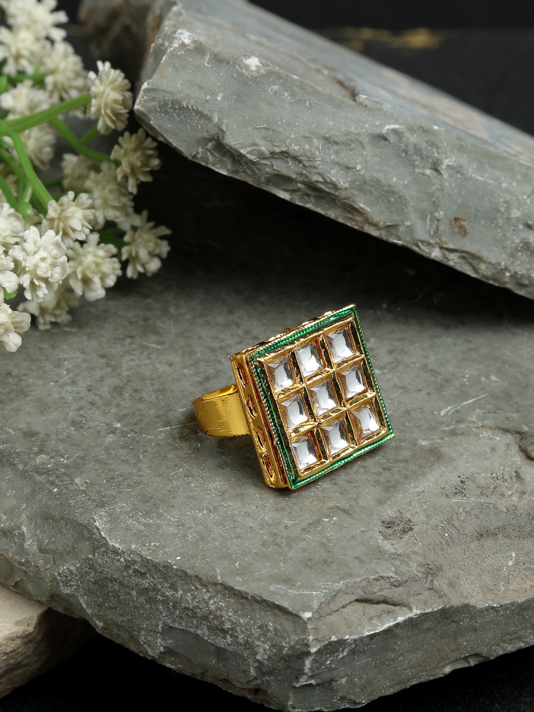 

Ruby Raang Gold-Toned & White Faux Kundan-Studded Finger Ring