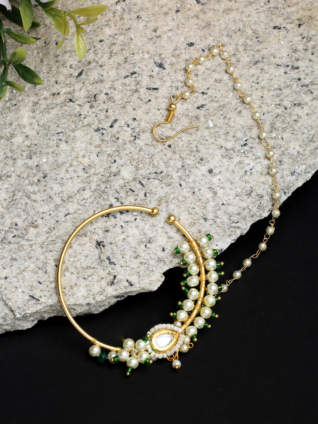 

Ruby Raang Gold-Toned & White Faux Kundan-Studded Pearl Beaded Chained Nose Ring