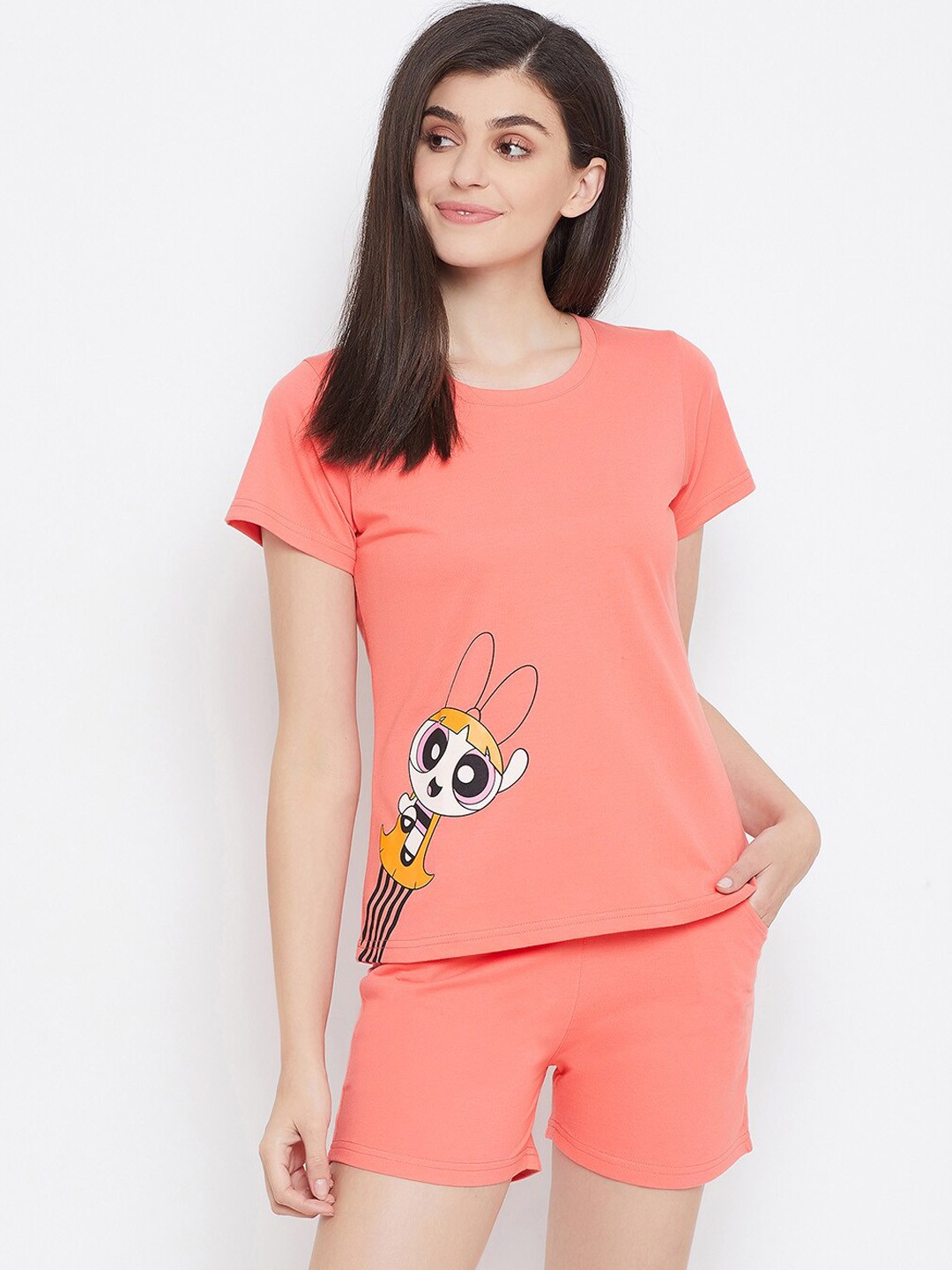 

Clovia Women Peach Coloured Graphic Printed Cotton Night Suit