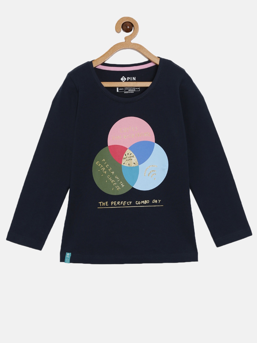 3PIN Girls Navy Blue & Pink Printed T-shirt