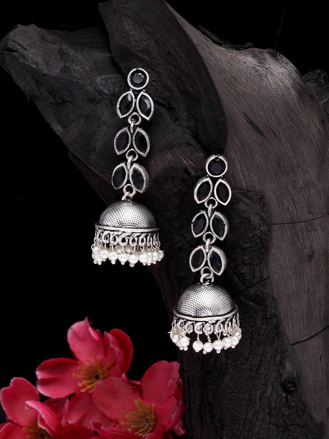 

Moedbuille Silver-Plated Black Handcrafted Oxidised Leaf Shaped Jhumkas