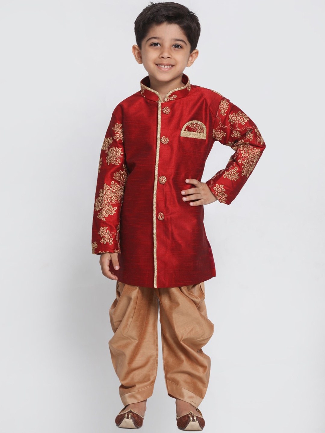 VASTRAMAY Boys Maroon & Gold-Coloured Woven-Design Slim-Fit Sherwani Set