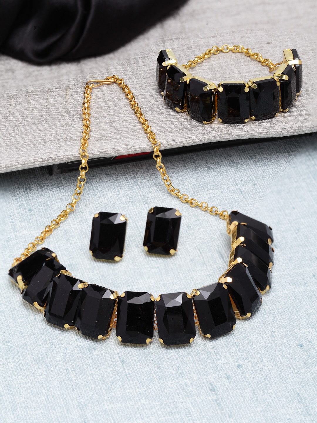 Shining Diva Gold-Plated Black Crystal-Studded Jewellery Set