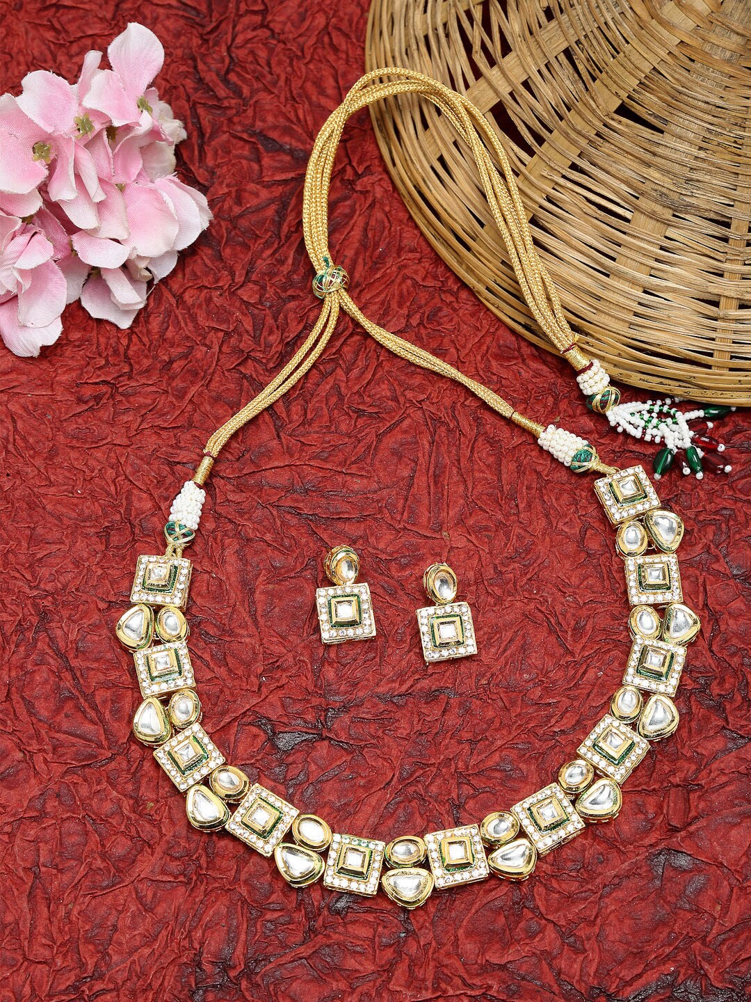 Ruby Raang Gold-Plated & White Faux Kundan Studded Handcrafted Choker Jewellery Set
