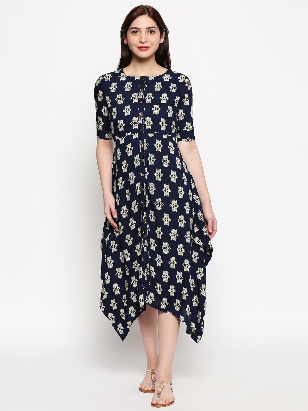 

People Navy Blue Ethnic Motifs A-Line Midi Dress