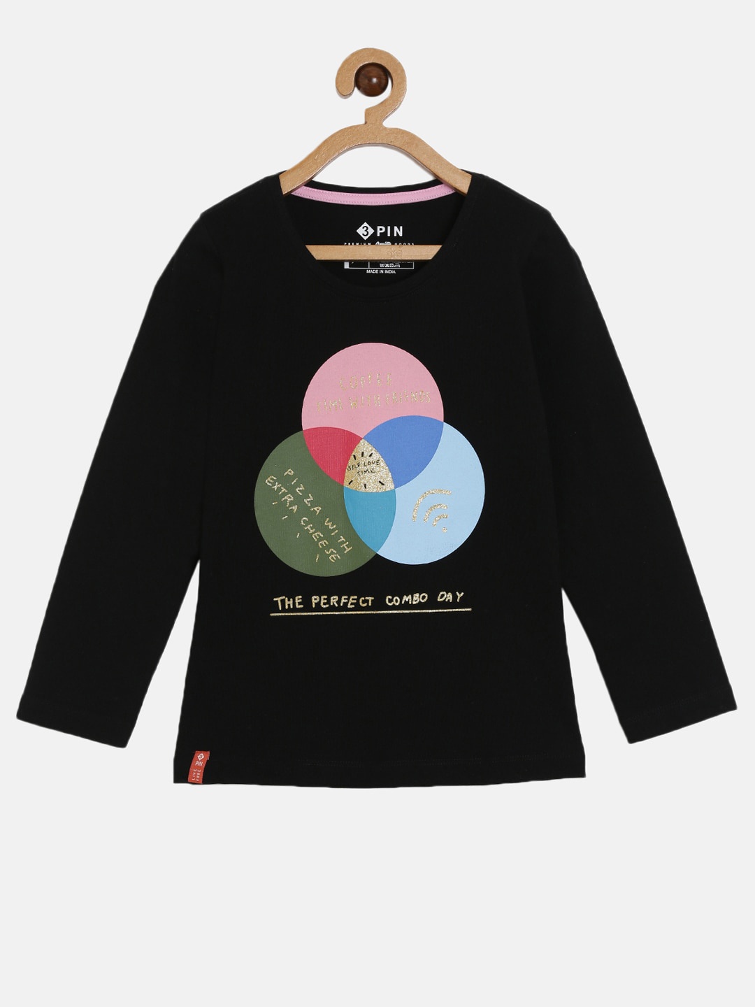 

3PIN Girls Black Printed Applique T-shirt