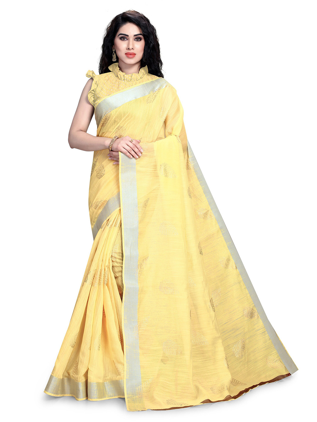 

KALINI Yellow & Silver-Toned Ethnic Motifs Zari Block Print Saree