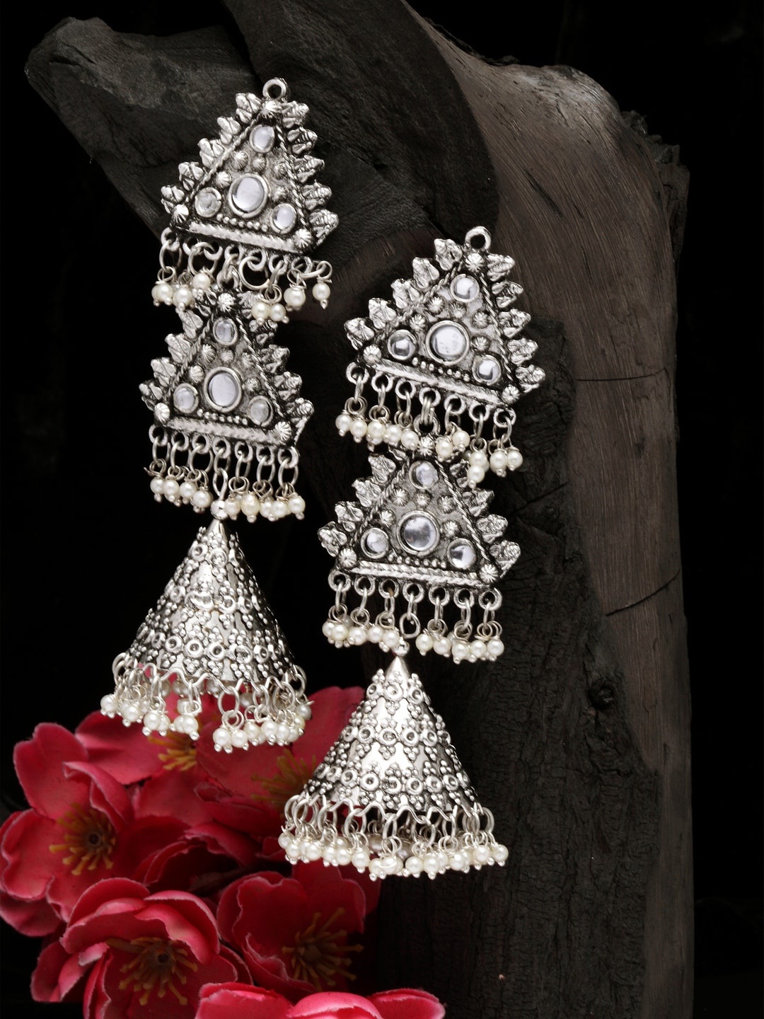 

Moedbuille Silver-Plated Oxidised Handcrafted Contemporary Jhumkas