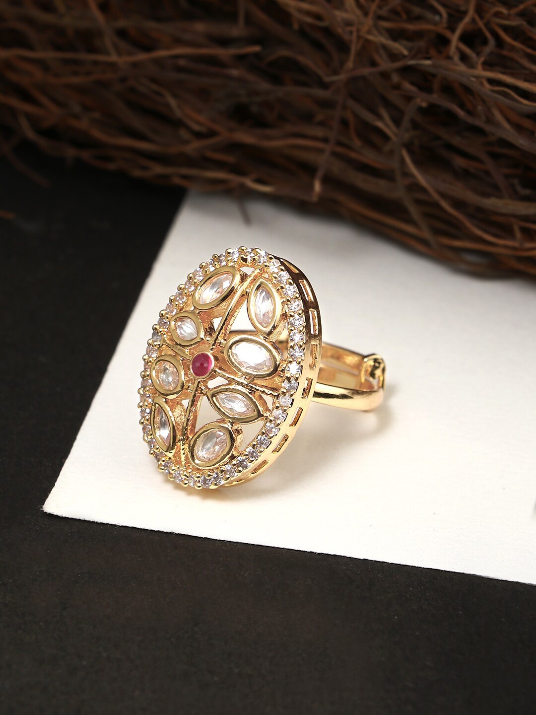 Adwitiya Collection 24CT Gold-Plated White & Maroon Oval Kundan Adjustable Finger Ring