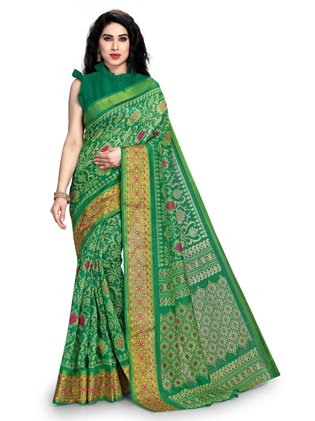

KALINI Green & Gold-Toned Ethnic Motifs Zari Saree