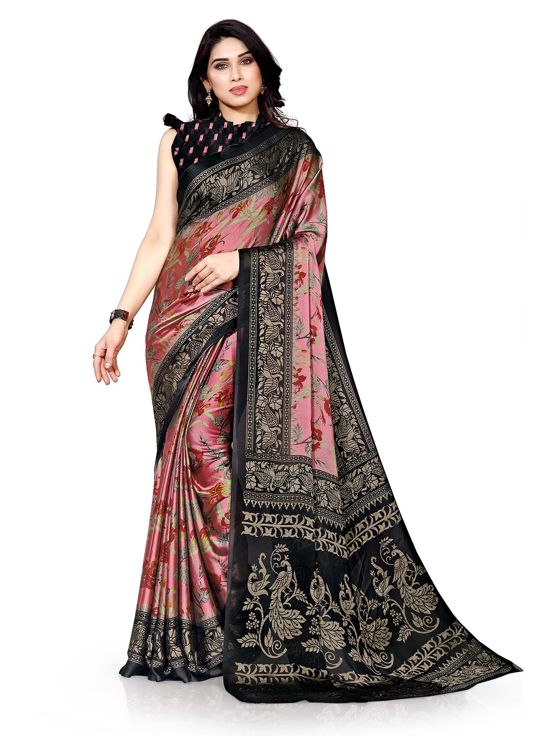 KALINI Pink & Black Floral Bagh Saree