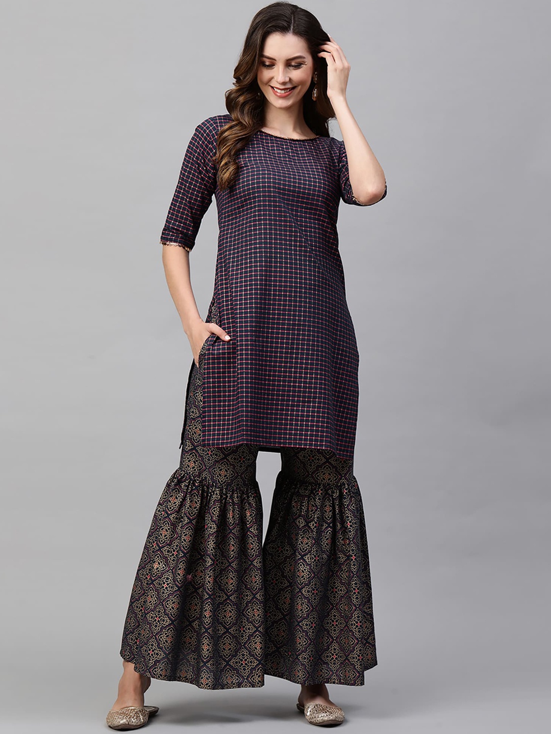 

Indo Era Women Navy Blue Kurta with Sharara