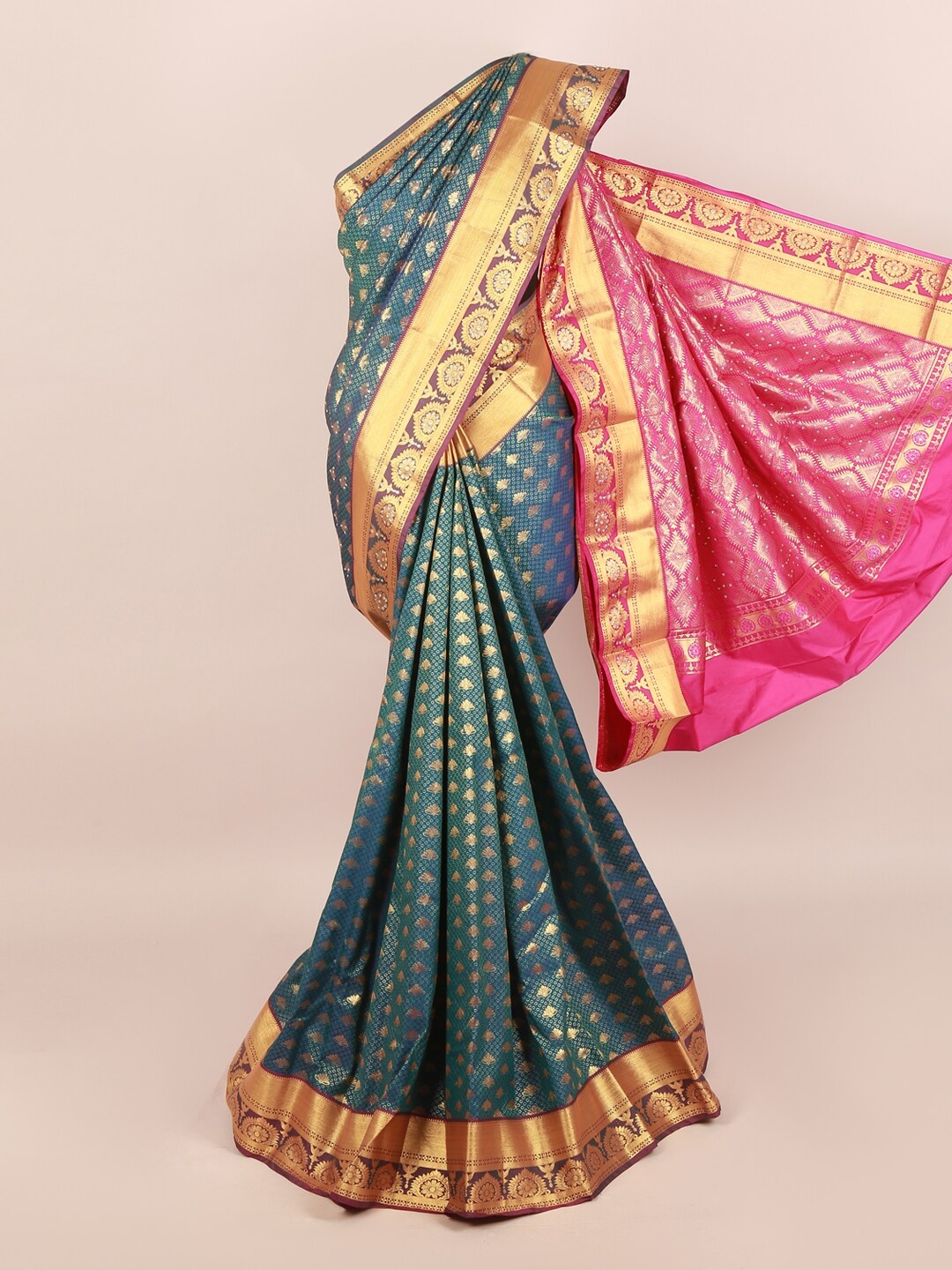 

Pothys Teal & Pink Woven Design Zari Silk Blend Saree