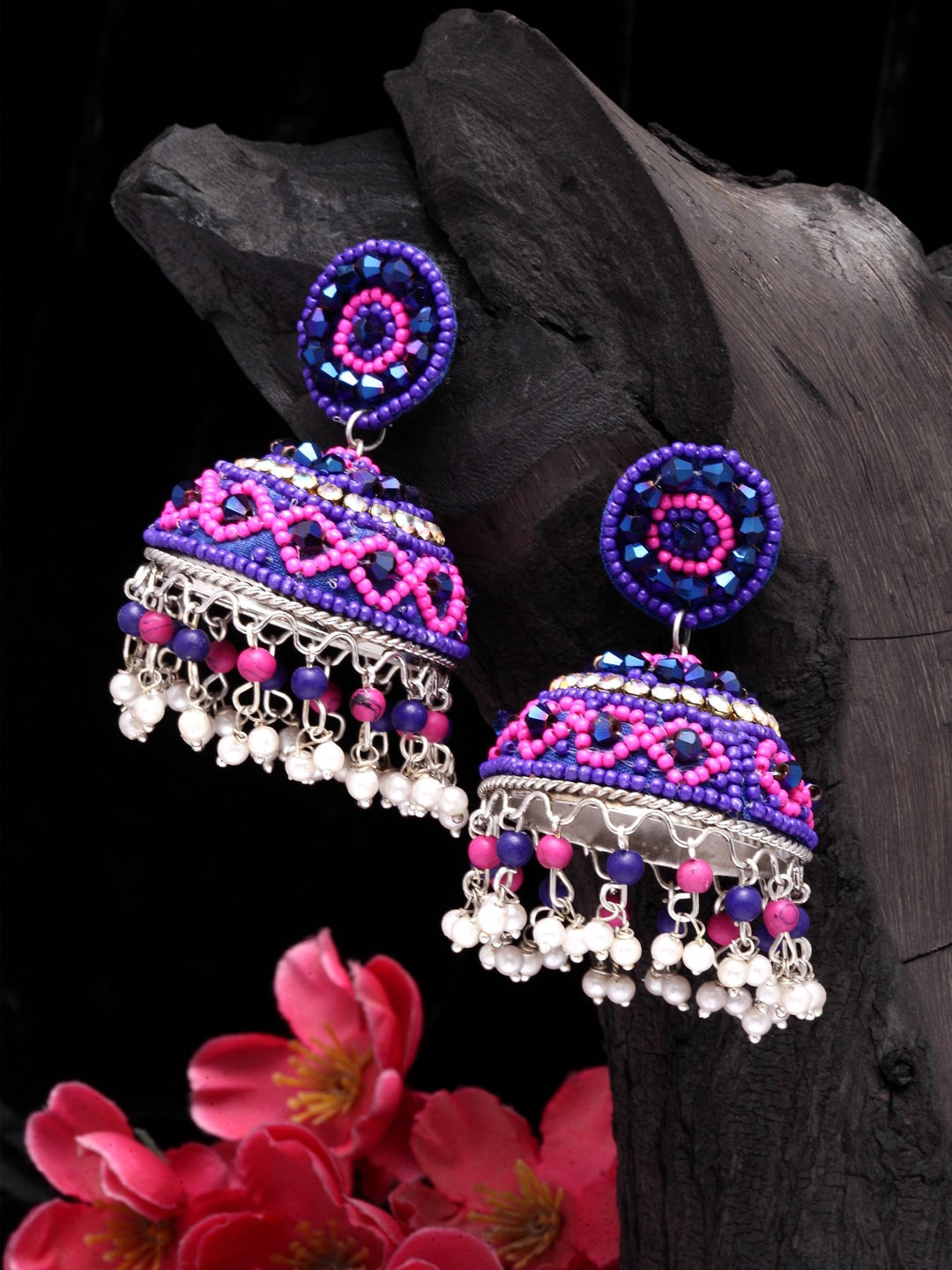 

Moedbuille Silver-Plated & Blue Dome Shaped Jhumkas Earrings