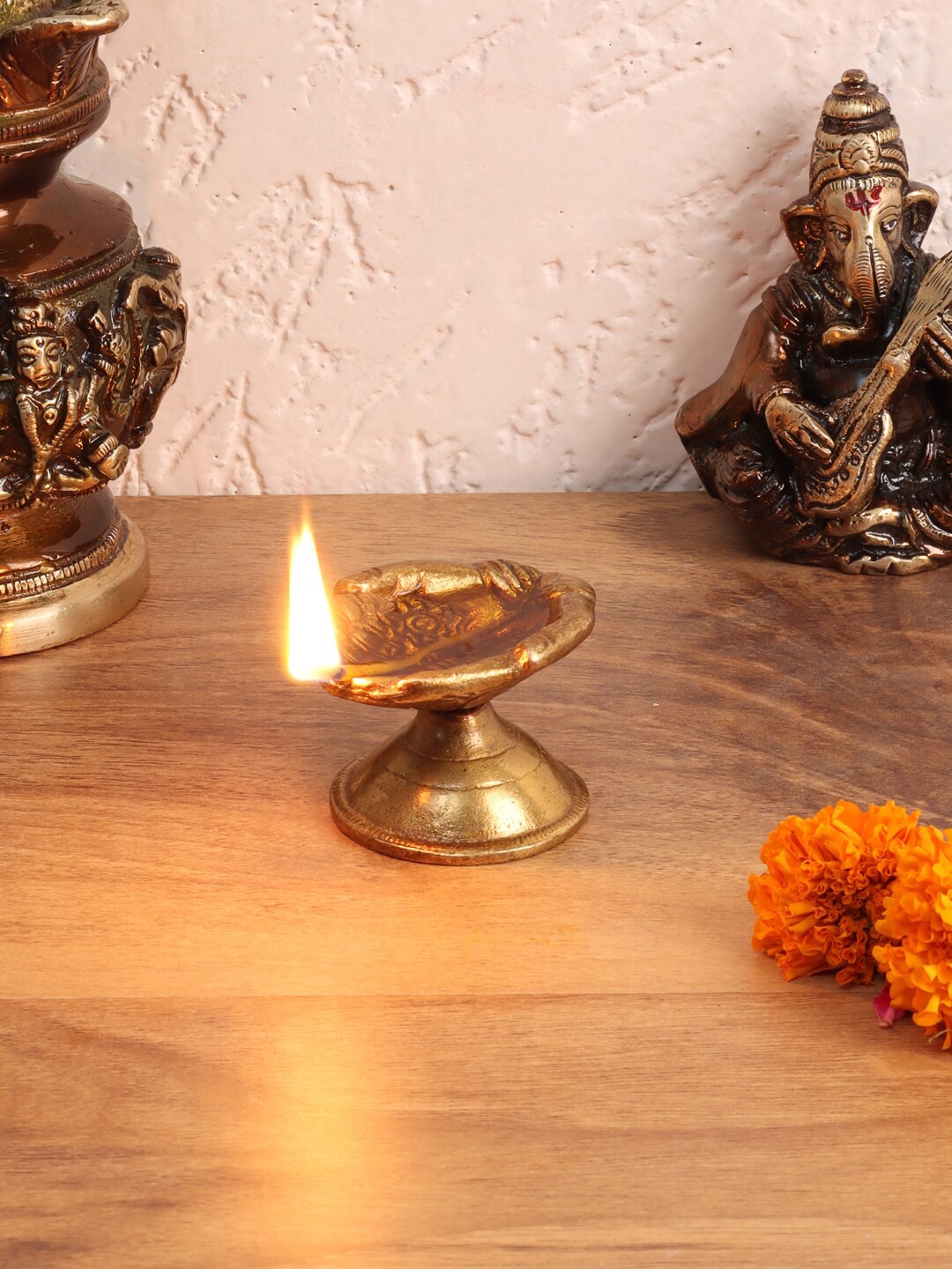 Aapno Rajasthan Set Of 2 Brown Hand Carved Brass Diyas