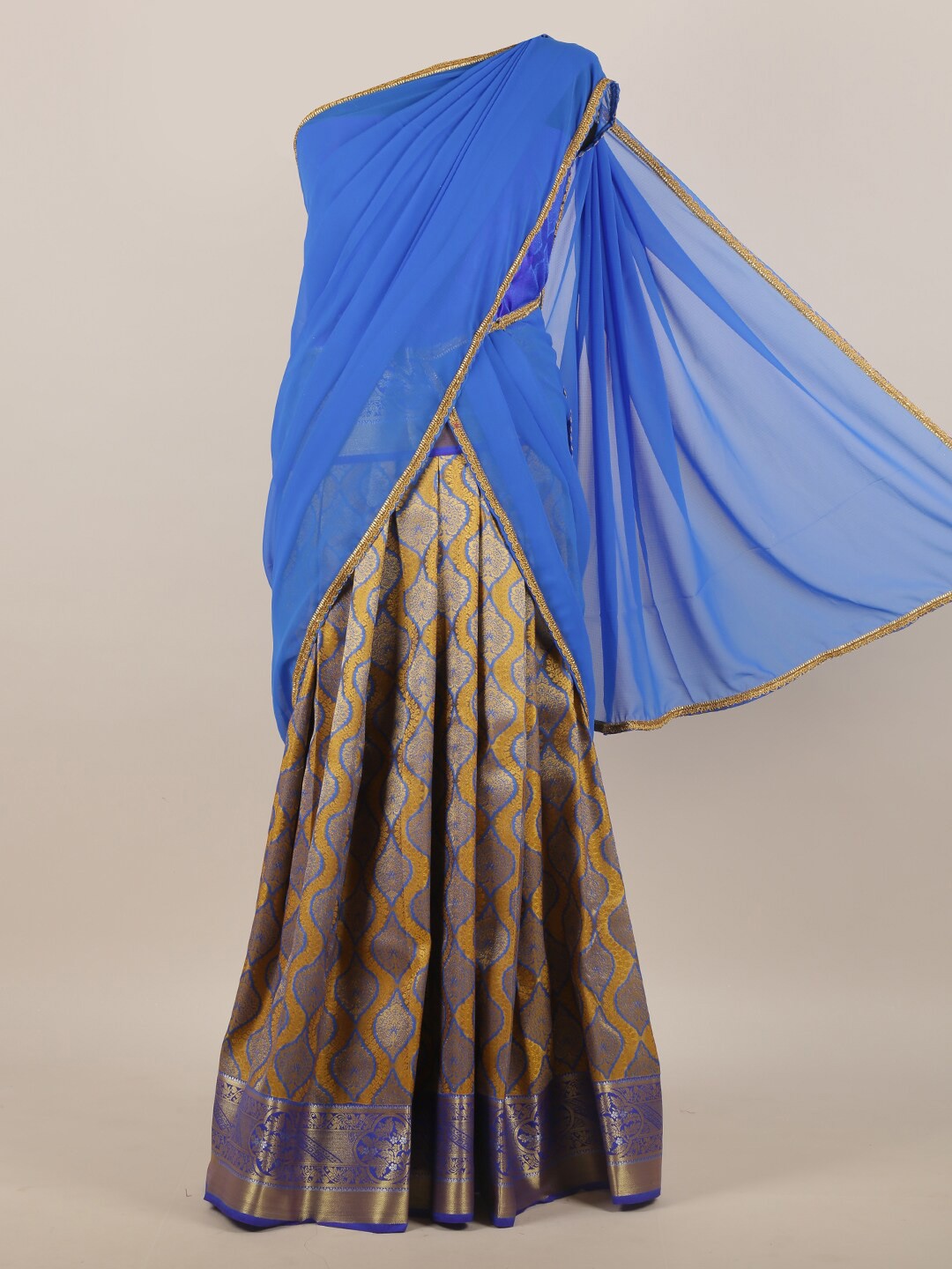 

Pothys Blue & Mustard Ethnic Motifs Woven Design Half Saree
