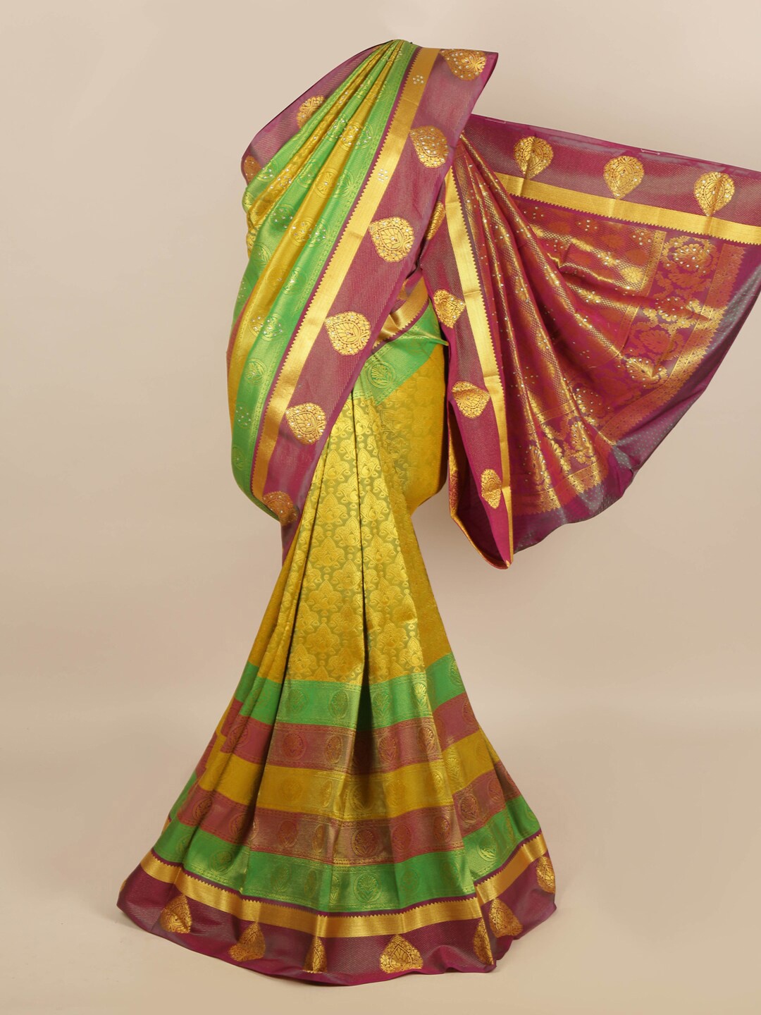 

Pothys Green & Yellow Ethnic Motifs Zari Silk Blend Saree