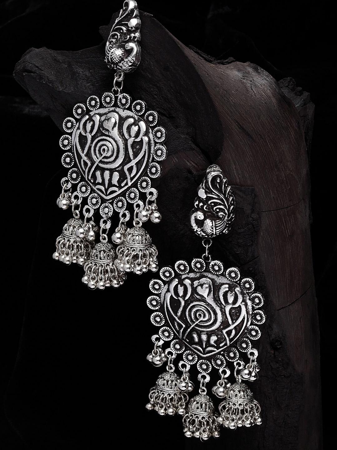 

Moedbuille Silver-Plated Handcrafted Filigree Contemporary Jhumkas Earrings
