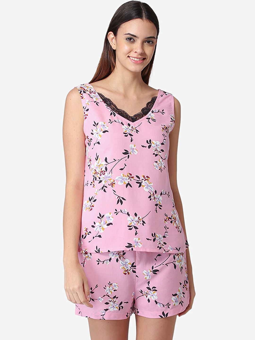 

Fluffalump Women Pink & Black Printed Night suit