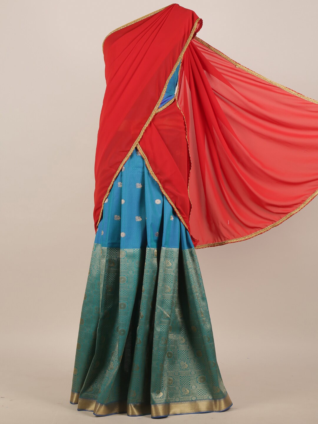 

Pothys Red & Blue Woven Design Zari Half Lehenga Saree