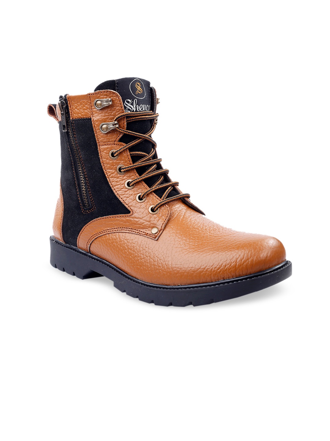 

SHENCES Men Tan Brown Leather Flat Boots