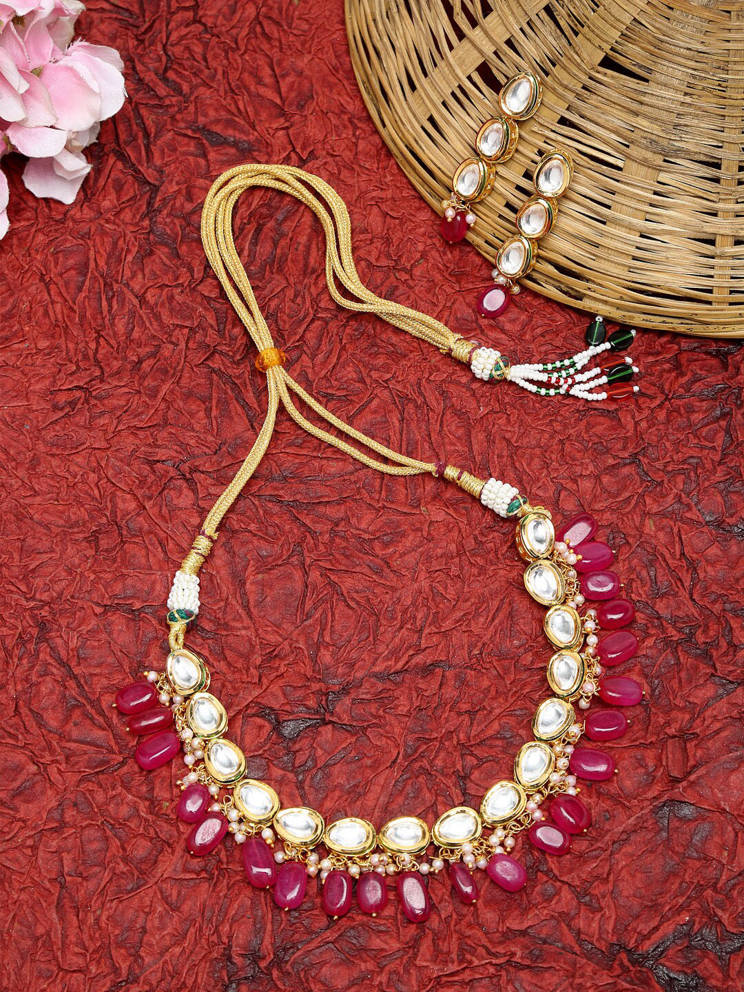 

Ruby Raang Gold-Plated Pink & White Faux Kundan Studded Handcrafted Choker Jewellery Set