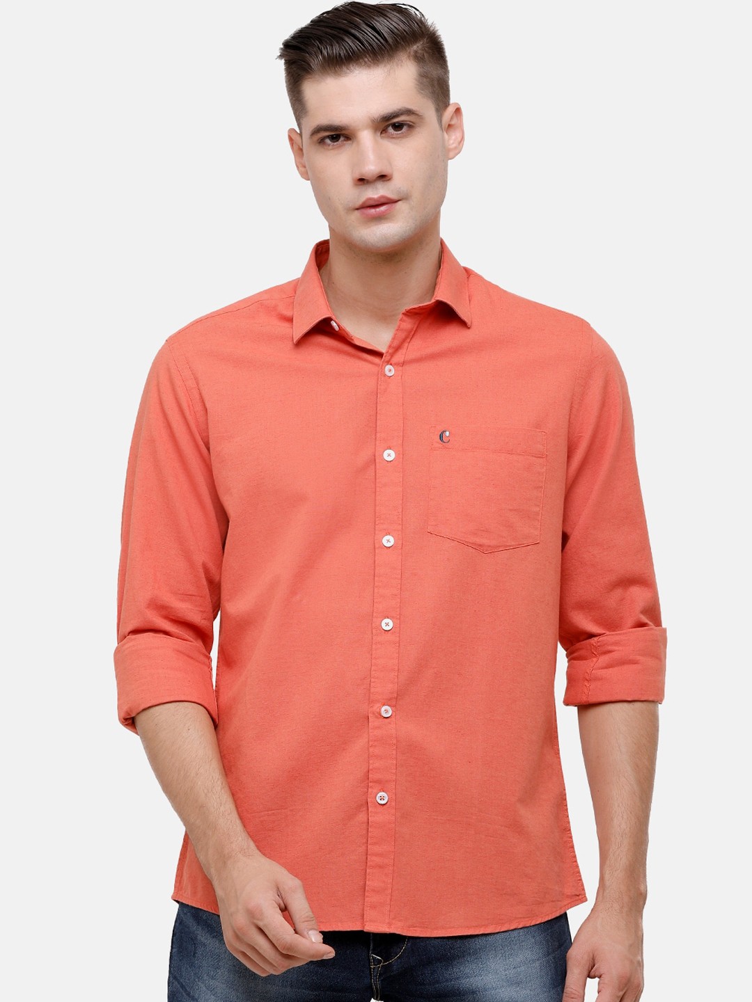 

CAVALLO by Linen Club Men Orange Cotton-Linen Casual Shirt