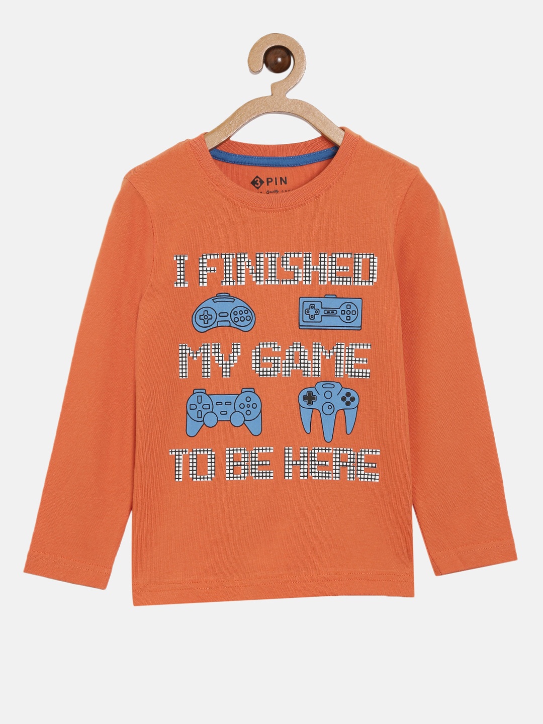 

3PIN Boys Orange Blue Typography Printed Cotton Pure Cotton T-shirt