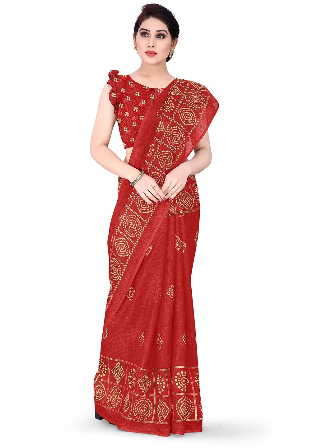 

KALINI Red & Yellow Ethnic Motifs Foil Print Supernet Kota Saree