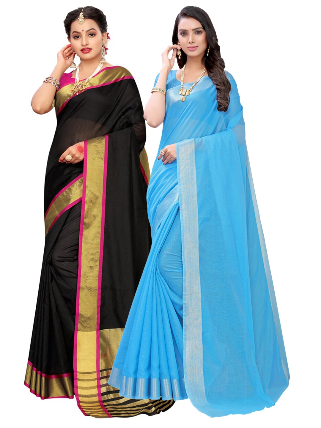 

KALINI Black & Blue Zari Pack of 2 Cotton Blend Saree