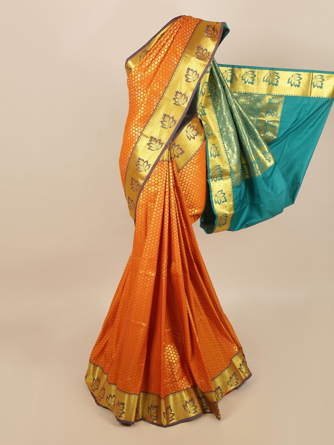 

Pothys Orange & Gold-Toned Woven Design Silk Blend Saree