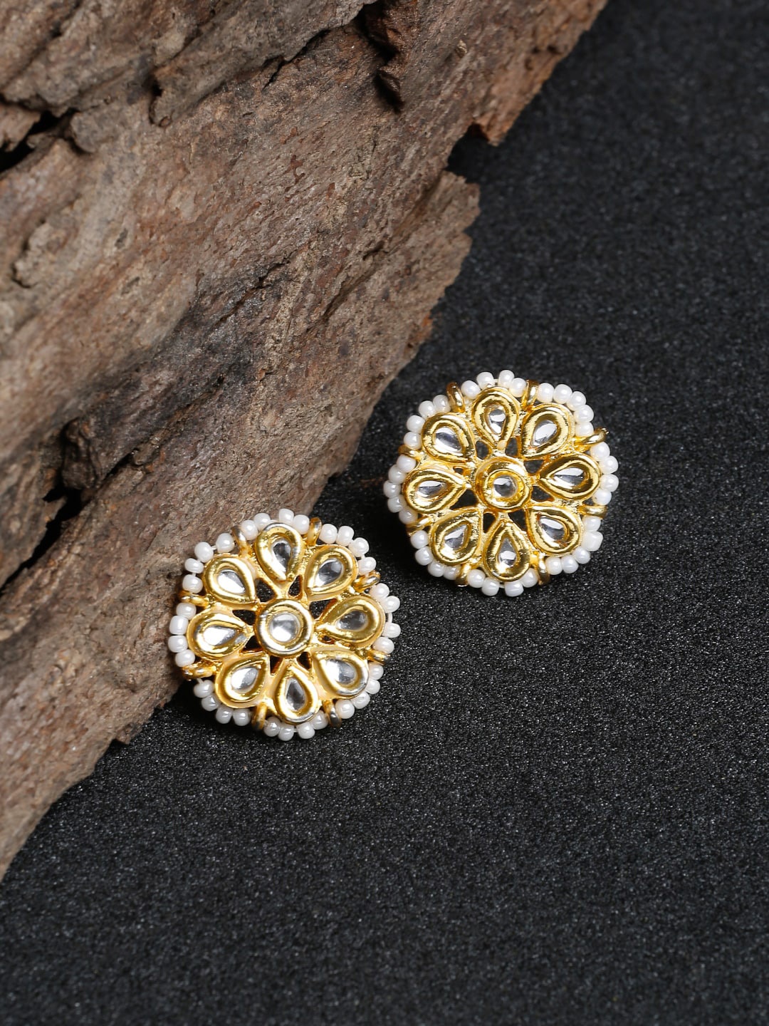 

Ruby Raang Gold-Toned & White Floral Studs Earrings