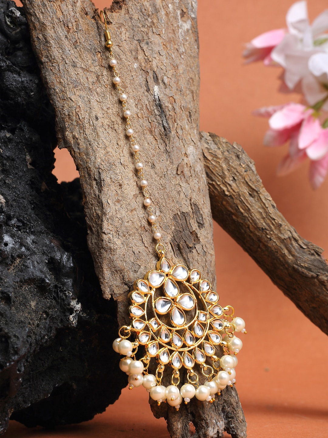 Ruby Raang Gold-Plated White Kundan-Studded & Beaded Maang Tikka