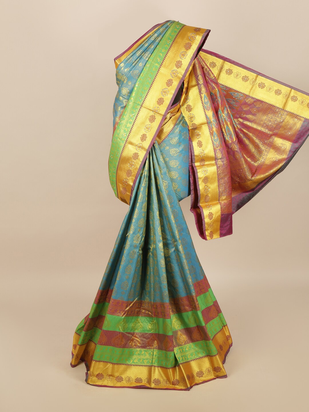 

Pothys Blue & Green Ethnic Motifs Zari Silk Blend Saree