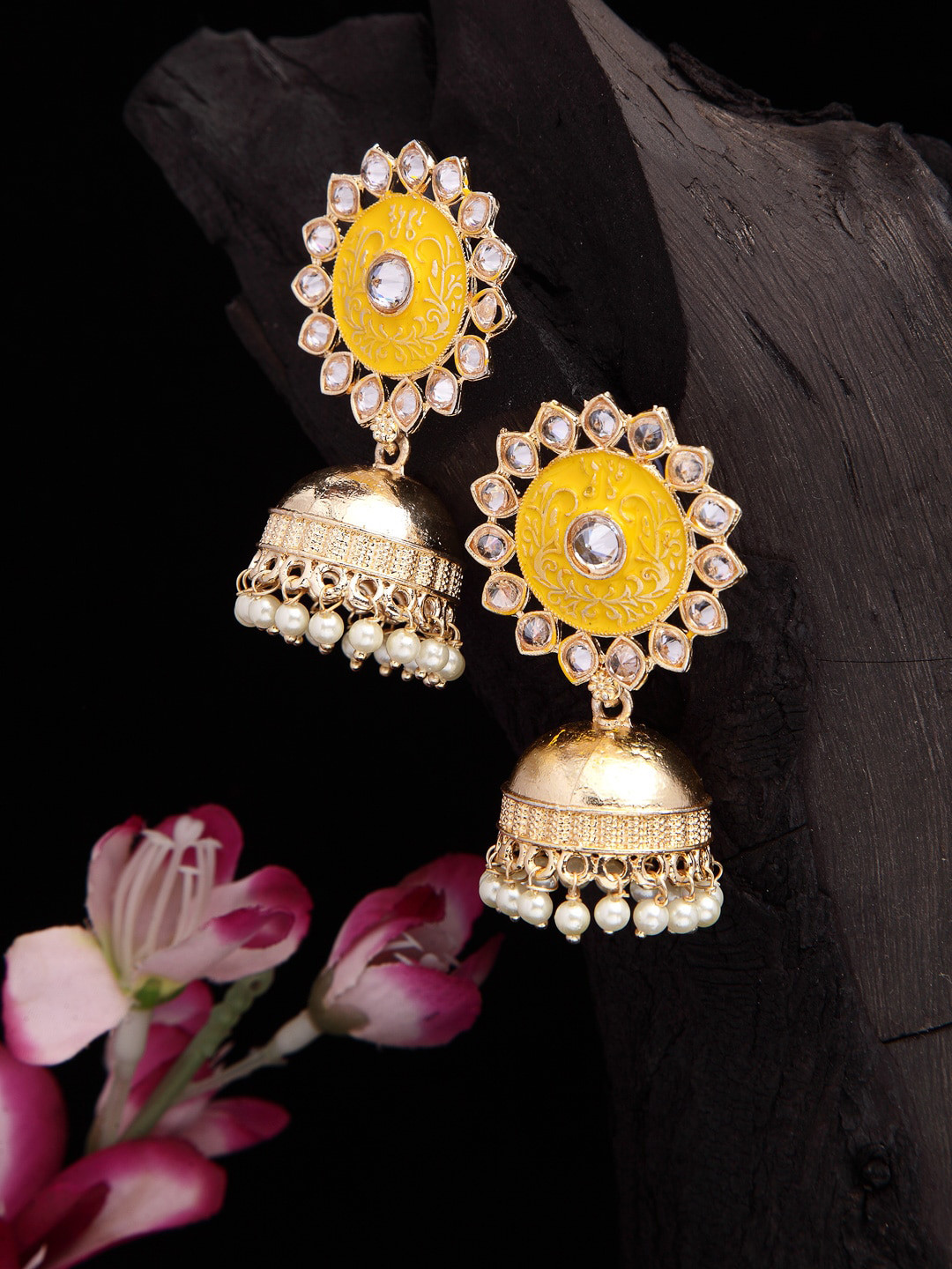 

Shining Diva Yellow & Gold-Toned Dome Shaped Jhumkas Earrings