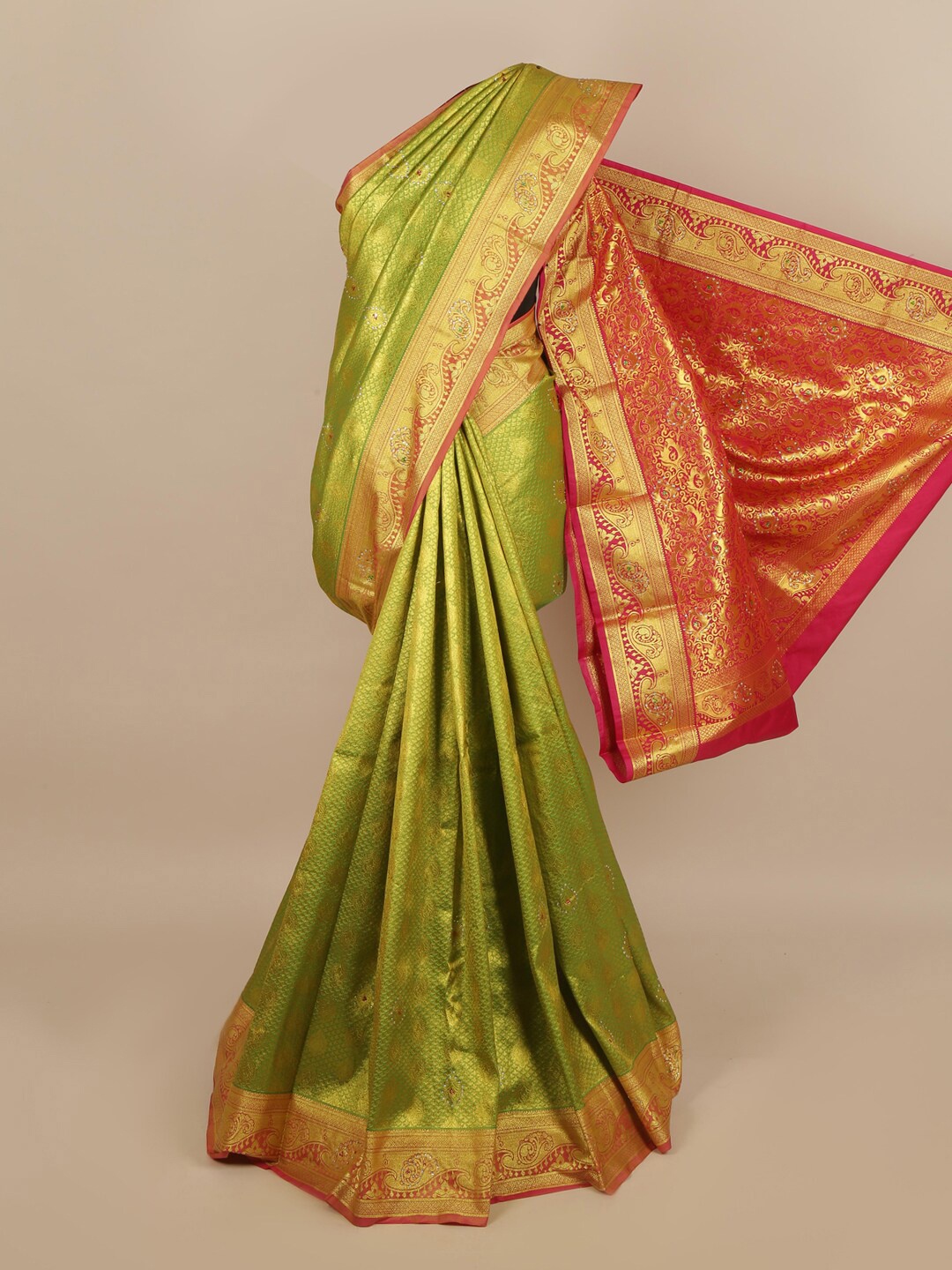 

Pothys Green & Pink Ethnic Motifs Zari Silk Blend Saree