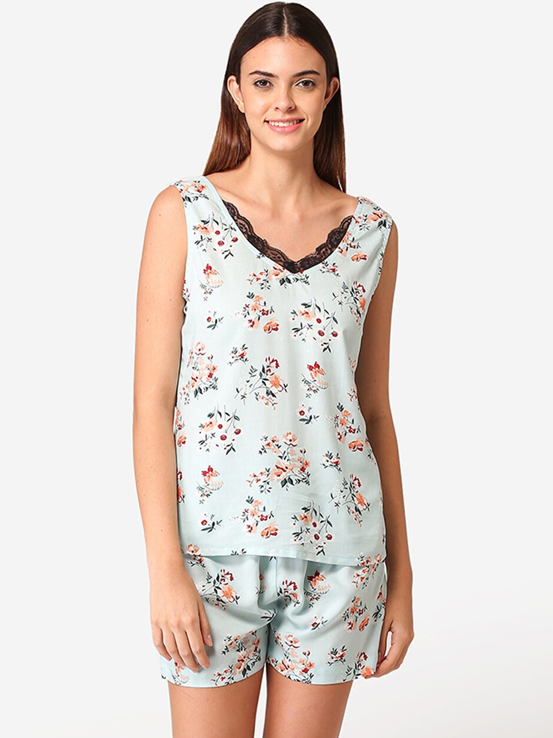 Fluffalump Women Sea Green Printed Night Suit