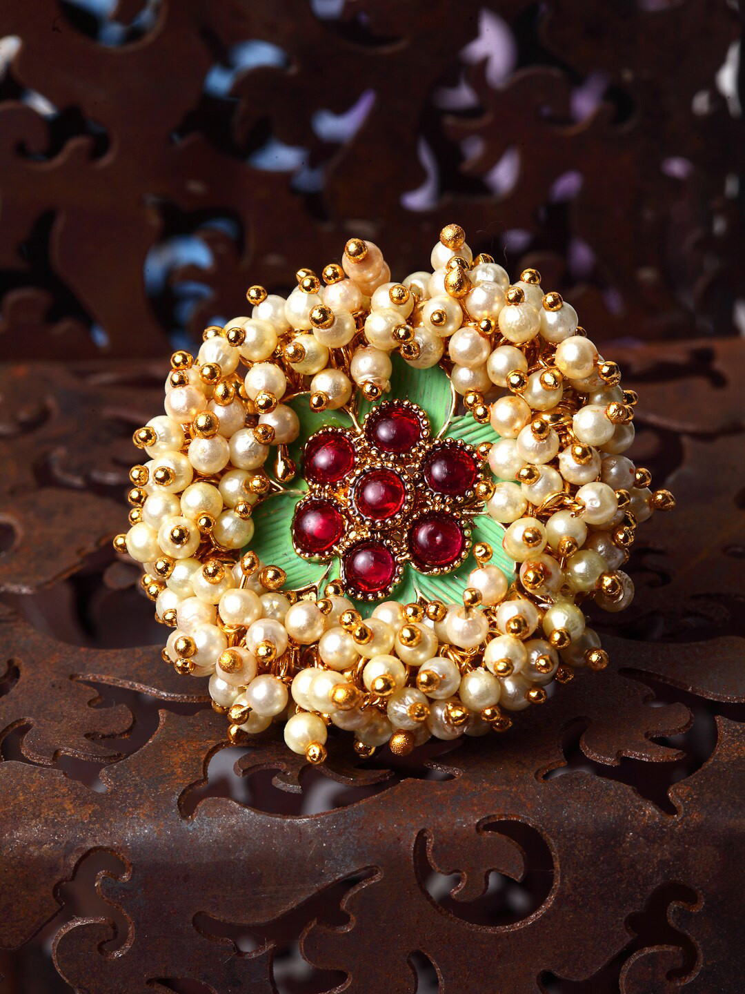 

Shining Diva Gold-Plated White & Pink Stone-Studded Pearl Beaded Meenakari Traditional Adjustable Finger Ring